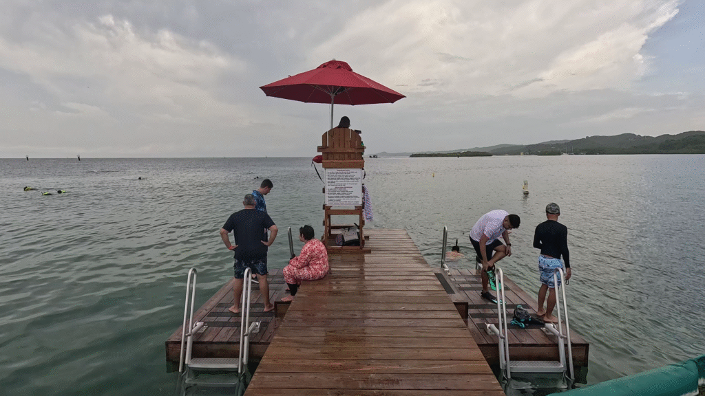 People preparing to snorkel from the wooden pier at Mahogany Bay, Roatan, with a lifeguard station under a red umbrella in the center.