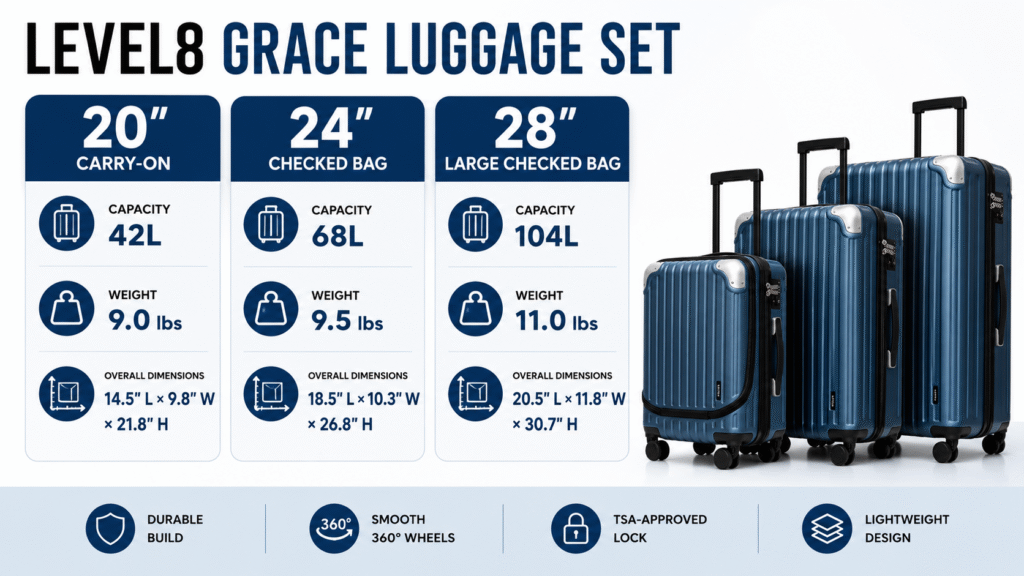 Level8 Grace luggage set size guide showing the 20-inch carry-on, 24-inch checked suitcase, and 28-inch large checked suitcase with capacities, weights, dimensions, TSA locks, durable construction, and 360-degree spinner wheels.