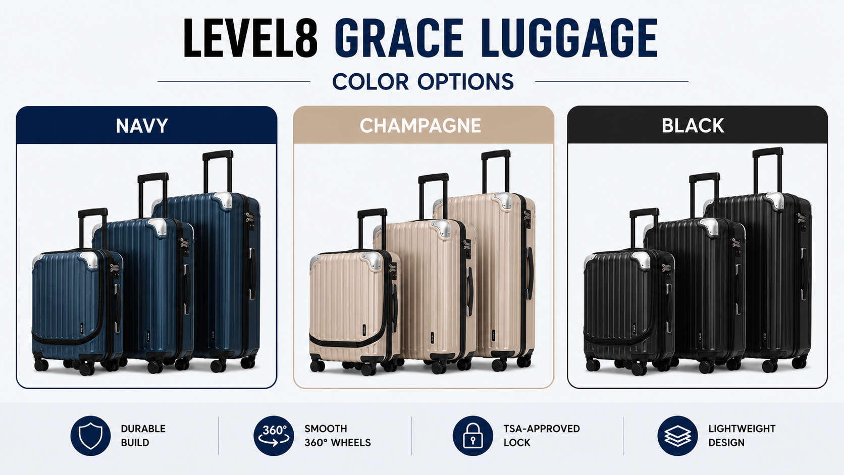 Level8 Grace 3-Piece Luggage Set color options showing the Navy, Champagne, and Black suitcase collections, including the 20-inch carry-on, 24-inch checked suitcase, and 28-inch checked suitcase with spinner wheels and TSA-approved locks.