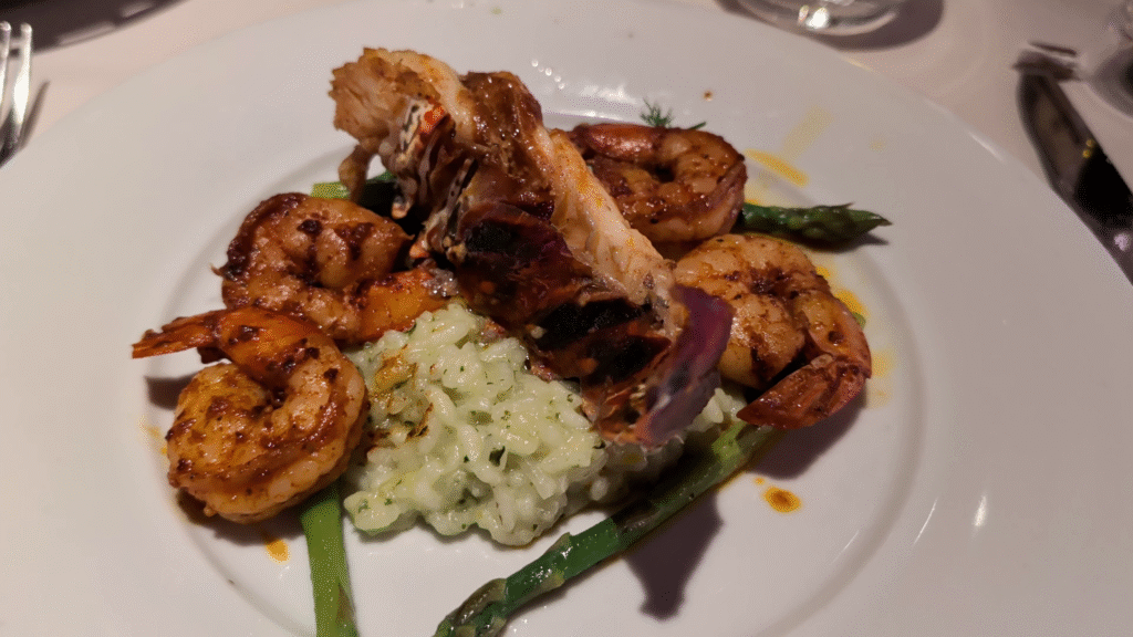 Complimentary lobster tail and shrimp entrée served during gala night in the MSC Seascape main dining room.