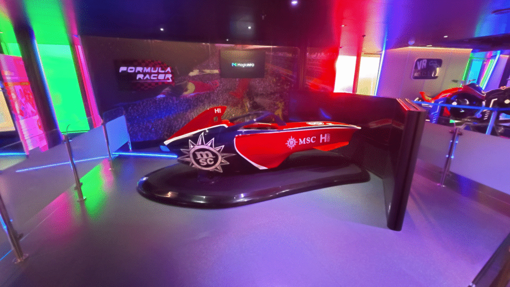 MSC Seascape Formula 1 racing simulator located inside the Hall of Games arcade on Deck 18, featuring an immersive F1-style racing experience.