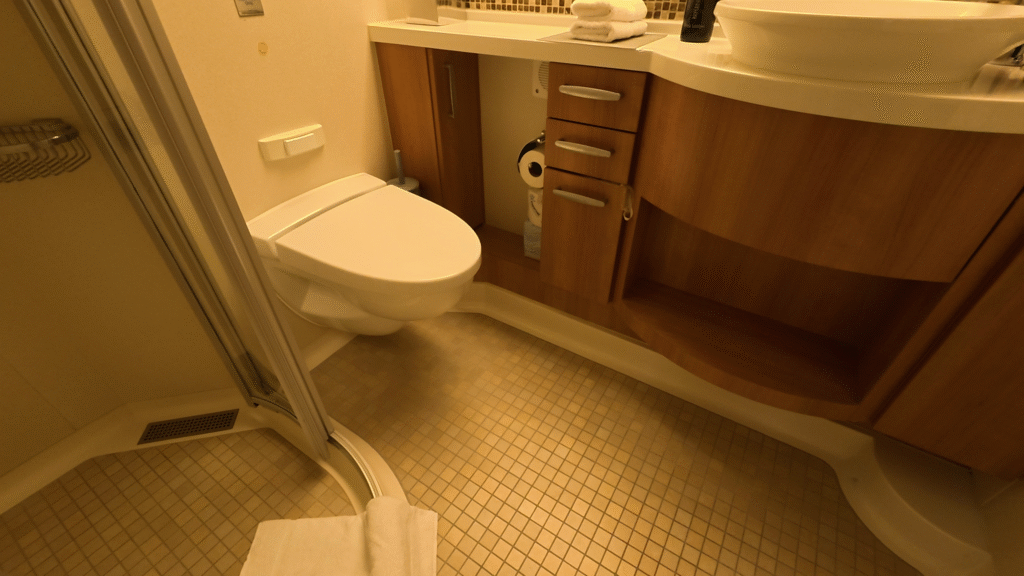 Bathroom vanity inside Celebrity Solstice Inside Stateroom 7160 featuring the sink, mirror, storage, and toiletries.