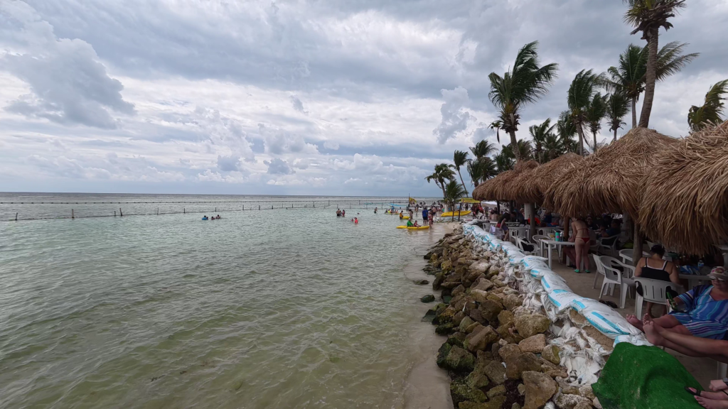 Krazy Lobster Beach Club swimming area in Costa Maya, Mexico, with palm trees, thatched palapas, and the Caribbean Sea.