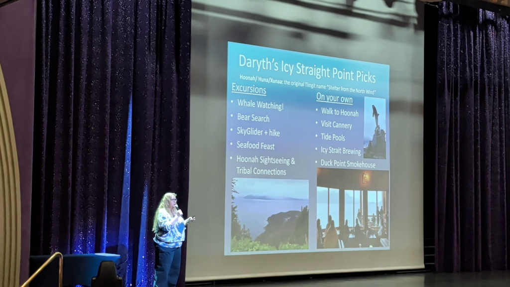 Alaska enrichment presentation aboard MSC Poesia with information about Icy Strait Point, wildlife, excursions, and things to do in port.