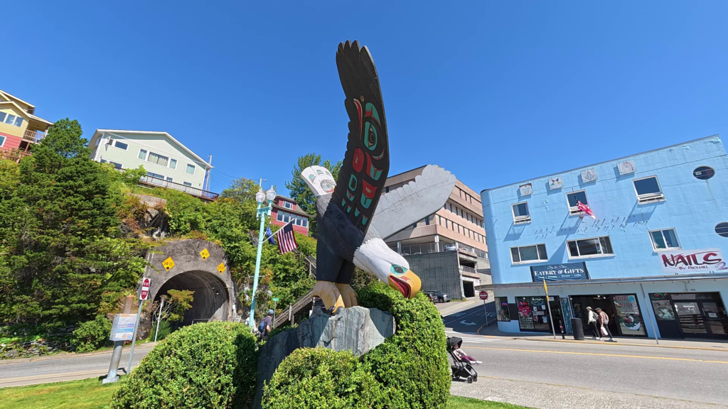 Eagle sculpture near the tunnel and cruise dock in downtown Ketchikan, Alaska.