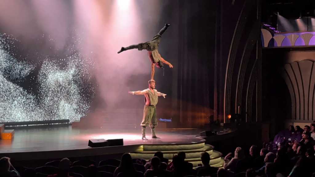 Acrobatic performers during the Mother Nature production show in Teatro Carlo Felice aboard MSC Poesia.