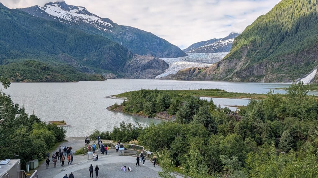 Mendenhall Glacier and Mendenhall Lake viewed near the visitor center in Juneau, Alaska.
