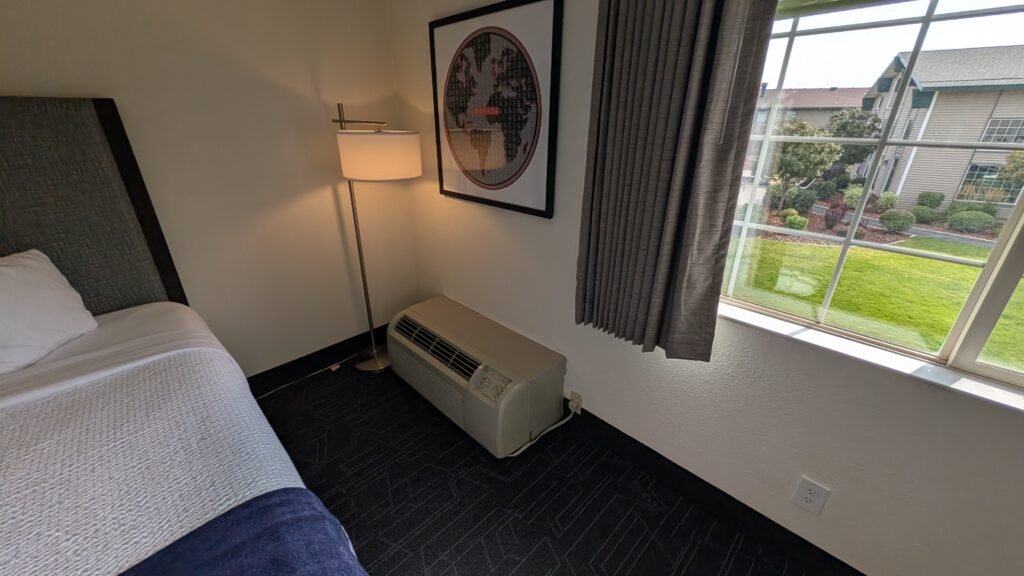 Air conditioning unit inside our Ramada Spokane Airport hotel room.