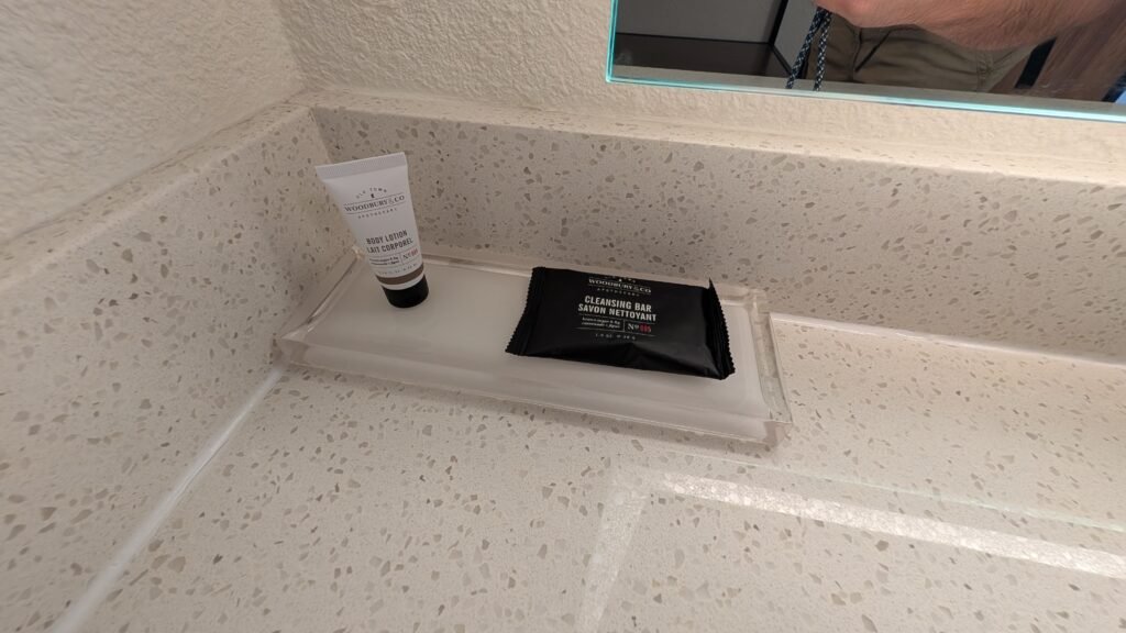 Complimentary bathroom toiletries on the vanity at Ramada Spokane Airport.