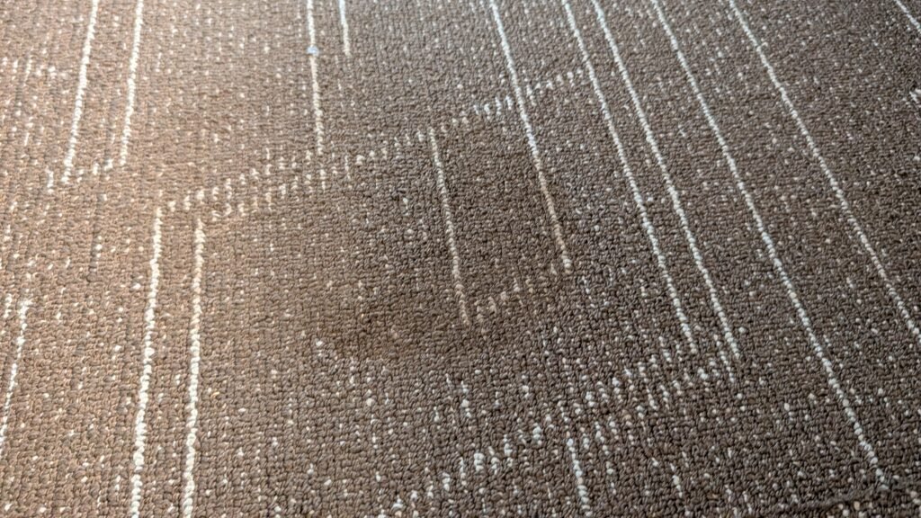Visible staining on the carpet inside our Ramada Spokane Airport hotel room.