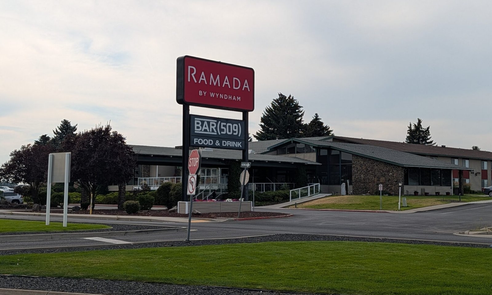 Ramada by Wyndham Spokane Airport sign and hotel exterior