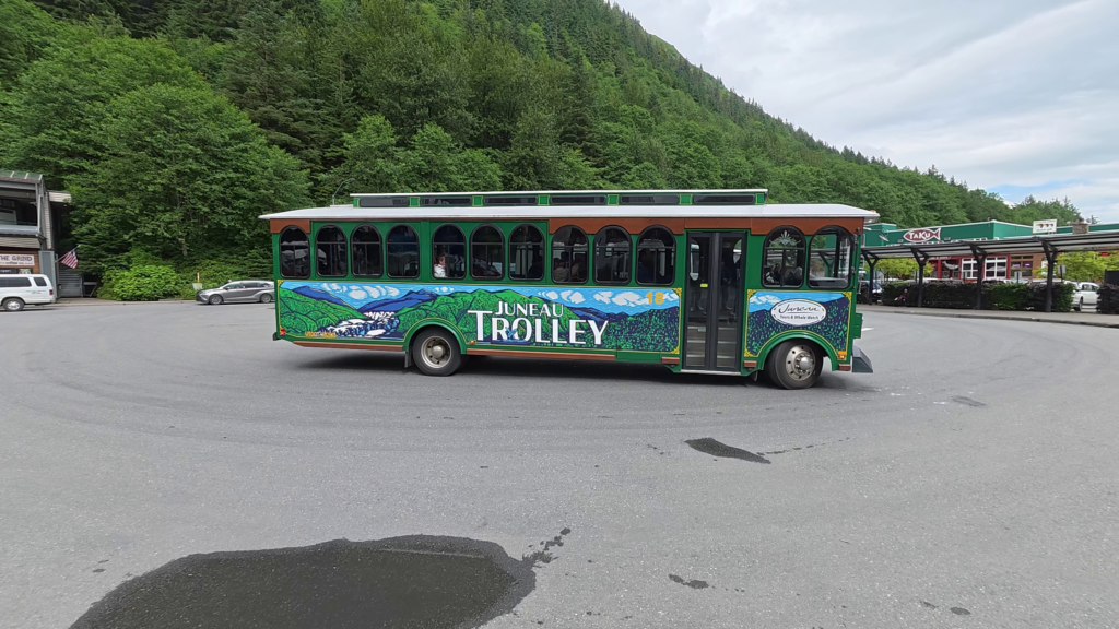 Juneau Tours trolley used for our Mendenhall Glacier Shuttle Tour in Juneau, Alaska.