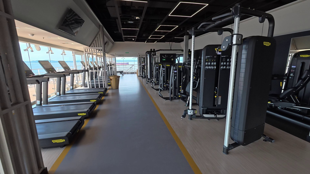 MSC Poesia gym on Deck 14 with Technogym treadmills, weight machines, and ocean views.